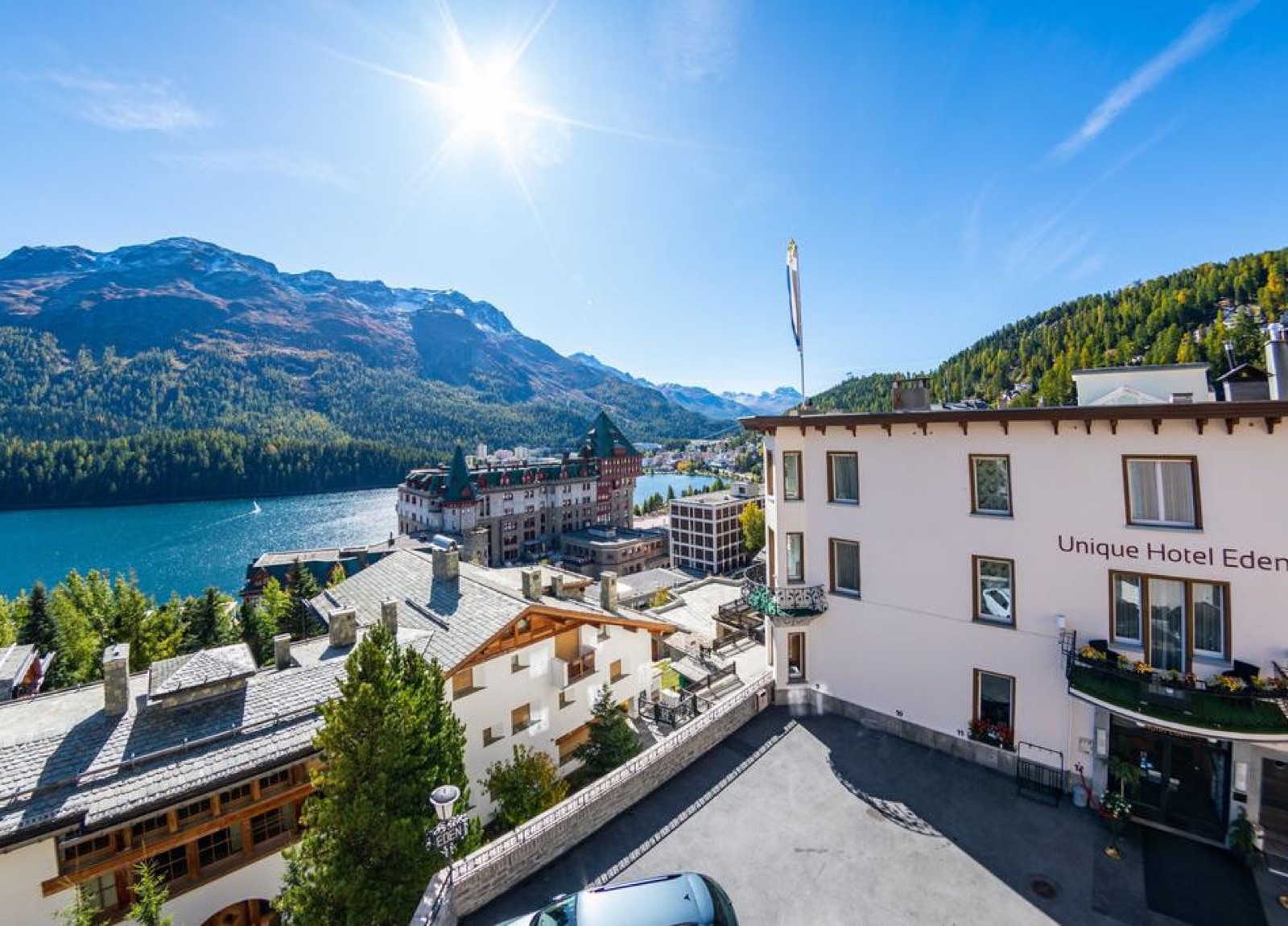 Hotel Eden above the lake in St. Moritz.