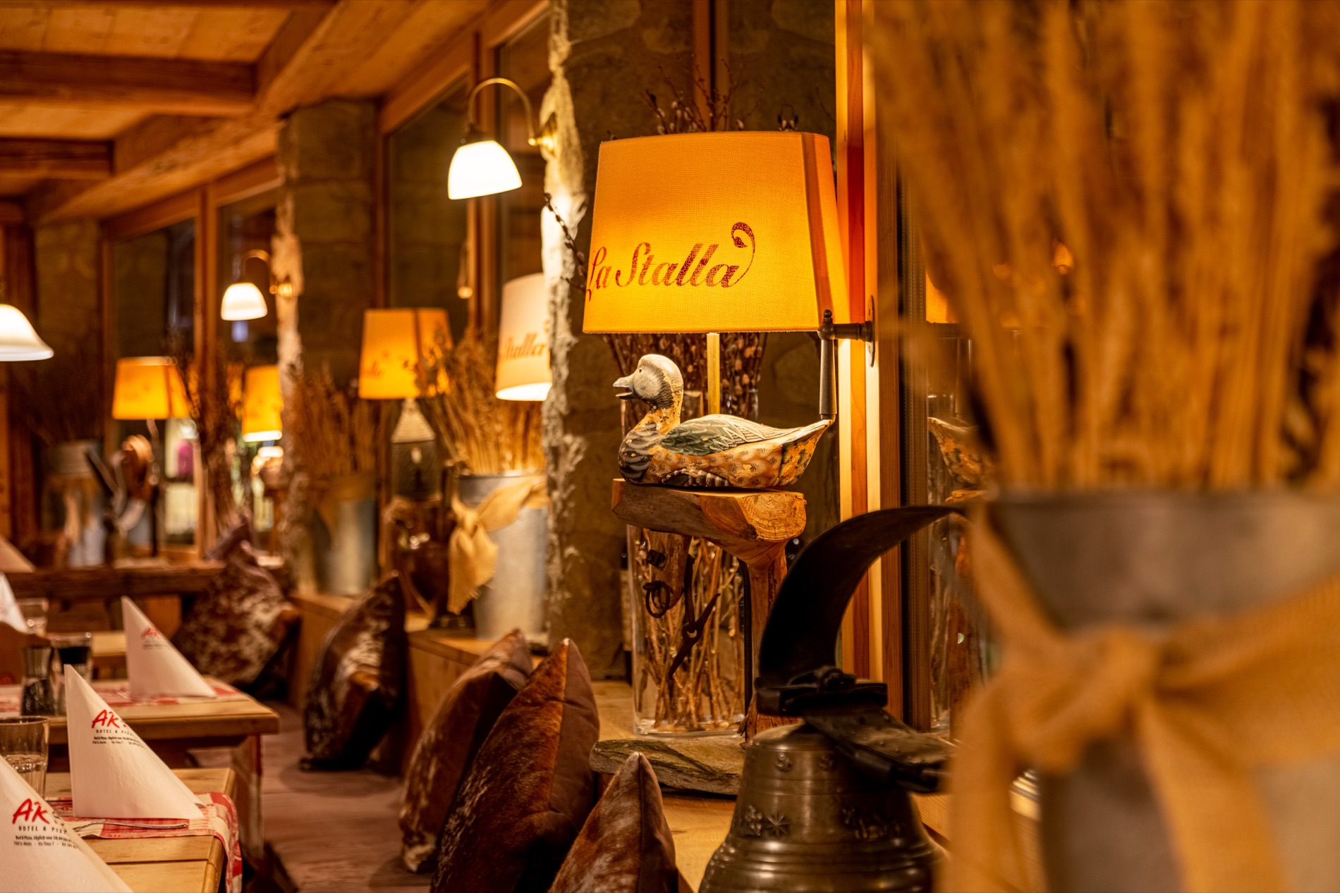 Warm interior of Restaurant La Stalla.